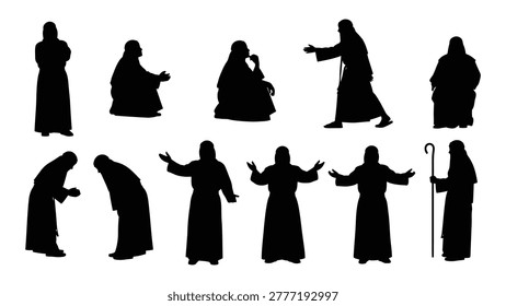 Black silhouette illustrations of various religious figures, including priests, monks, and nuns, on a white background.