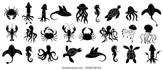 Black silhouette illustrations of various underwater animals. Featuring aquatic life like fish, jellyfish, octopus, crab, shark, and sea. Isolated vector elements in marine world.