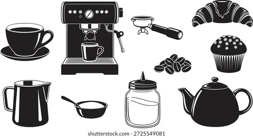 Una Imagen de silueta negra de accesorios de café y té con productos horneados sobre un fondo blanco