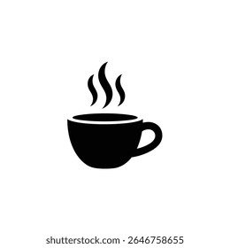 A black silhouette image depicts a steaming hot coffee or tea cup with a handle on a white background, perfect for coffee shop or beverage designs.