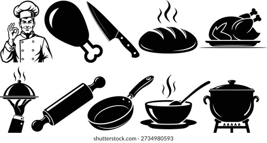 A black silhouette image featuring a chef and various kitchen utensils with food items