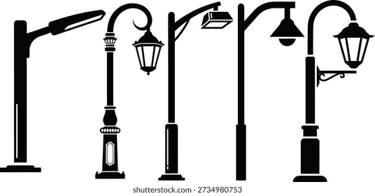 A black silhouette image featuring a collection of different street lamps and lighting fixtures on a white background.