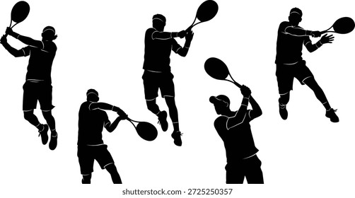 A black silhouette image featuring five dynamic sports players in action with rackets, showcasing athletic movements.
