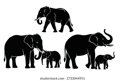 Una Imagen de silueta negra con cinco elefantes en diferentes posturas, incluidos adultos y terneros, sobre un fondo blanco.