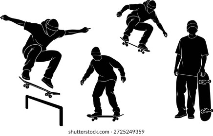 Uma imagem de silhueta preta com quatro skatistas em diferentes poses esportivas, realizando truques e cruzando em suas placas.