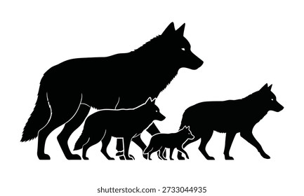 A black silhouette image featuring a large wolf and two smaller wolves, possibly a family pack, against a white background.