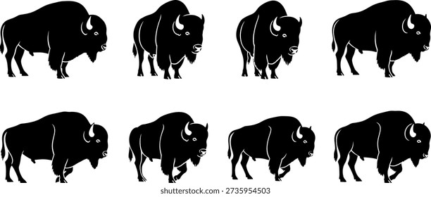 A black silhouette image featuring seven bison standing in two rows against a plain white backdrop.