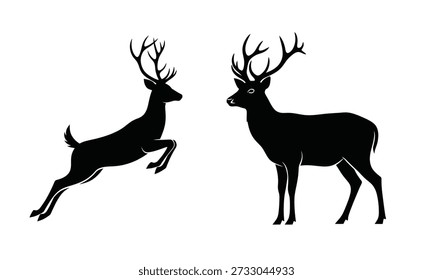 A black silhouette image featuring two deer, one jumping and one standing, both with antlers on a white background.