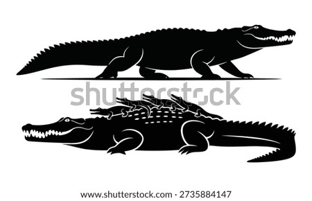 A black silhouette image featuring two crocodiles in profile view, one facing right and the other left, against a white background.