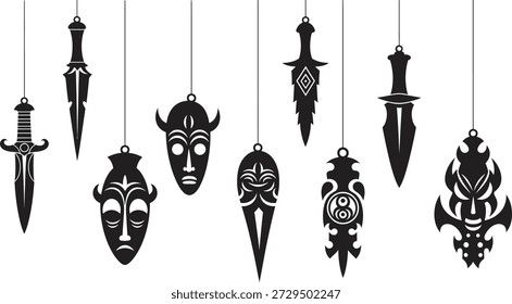 Uma imagem de silhueta preta com várias máscaras decorativas e punhais pendurados em cordas contra um fundo branco.