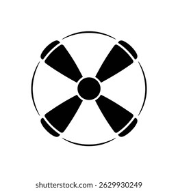 Black silhouette image of a life preserver showing four black sections around a black central circle, all encircled by a black ring on white.