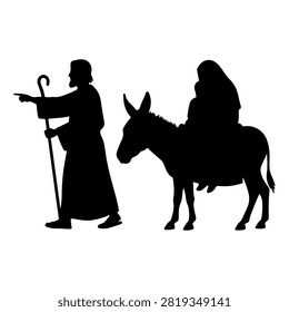 Black silhouette image of a man guiding a donkey while a woman rides on it, capturing a rural or traditional transportation scene.
