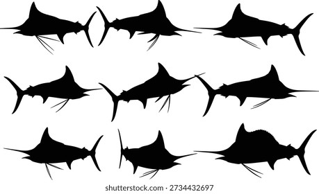 Uma imagem de silhueta preta de vários veleiros nadando juntos, destacando suas formas e barbatanas únicas contra um fundo branco simples.