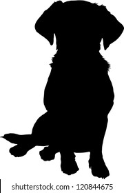 A black silhouette image of a puppy sitting facing the viewer.