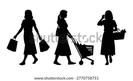 A black silhouette image showing three women shopping with shopping bags and a trolley.