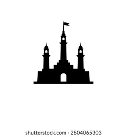 A black silhouette of an imposing castle, featuring a central tall tower flanked by two smaller towers, with an arched entrance and a flag at the apex.