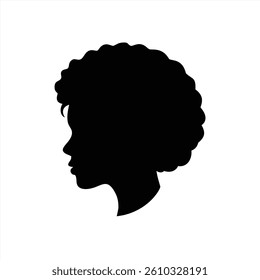 A black silhouette of an individual with curly hair is shown in profile. This design captures the contours of the face and hairstyle, conveying elegance and uniqueness.