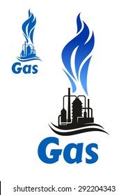 Black silhouette of industrial plant with flare stack and high blue flame of natural gas, for oil industry design