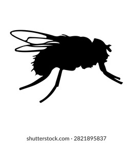 A black silhouette of an insect in flight, showcasing detailed wings and body structure, isolated on a plain background.