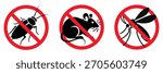 Black silhouette of insect pests . Stop insects sign. Mosquito, rat, cockroach in red forbidding circle, flea insect. vector