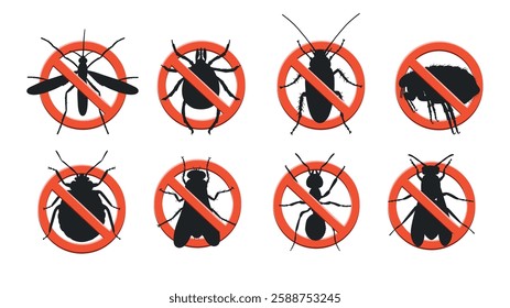 Black silhouette of insect pests
. Stop insects sign. Mosquito, tick, cockroach in red forbidding circle, flea insect. vector