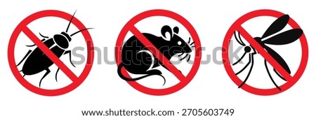 Black silhouette of insect pests . Stop insects sign. Mosquito, rat, cockroach in red forbidding circle, flea insect. vector