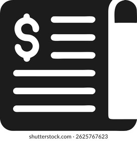 Black silhouette of an invoice or bill paper with dollar sign for financial concepts