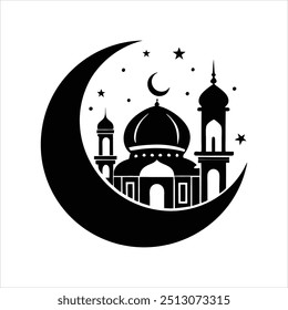 Silhueta preta de uma mesquita islâmica e crescente com lanternas. Logotipo do Eid Mubarak. ilustração vetorial