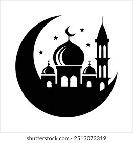 Black silhouette of a Islamic mosque and crescent with lanterns. Eid Mubarak logo. vector illustration