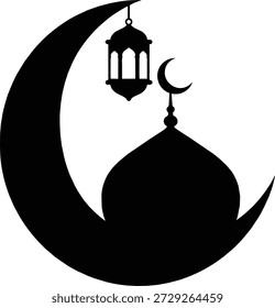 Silhueta preta de uma cúpula de mesquita islâmica com lua crescente e ícone de lanterna pendurada isolado no fundo branco para o design do Ramadan Kareem e Eid Mubarak
