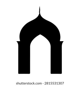 A black silhouette of an Islamic mosque minaret with a dome, set against a white background, emphasizing religious architecture and cultural symbolism.