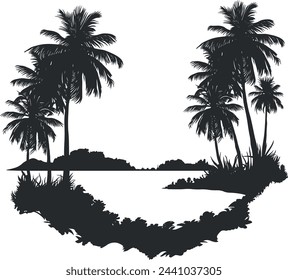 black silhouette of an island with palm trees