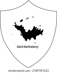 A black silhouette of the island of Saint Barthelemy on a white shield with the island name below.