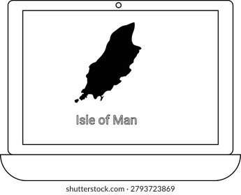 A black silhouette of the Isle of Man is shown on a laptop screen with the text Isle of Man below it.