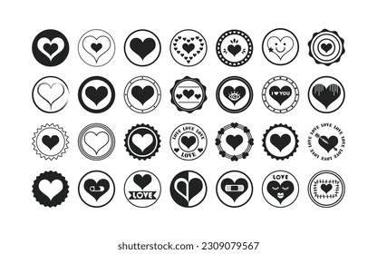Black silhouette and isolated cute pointy heart shape symbols circle assorted emblem stamps icons set design elements on white background