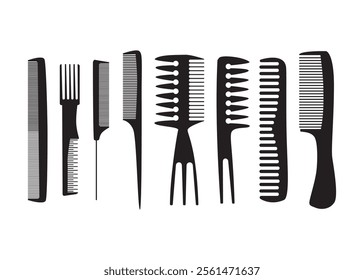 Black silhouette isolated ink assorted barber professional hair styling comb icons complete set on white background