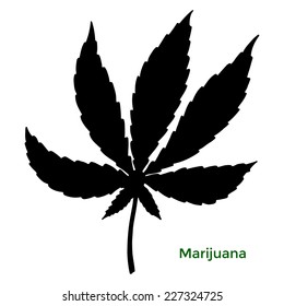Black silhouette isolated marijuana leaf on a white background.