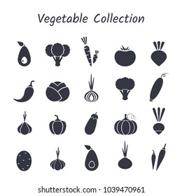 Black silhouette isolated vegetable icon set on white backdrop. Vector illustration with symbol of onion, eggplant, cabbage, pepper and other vegetables for healthy food vegeterian restaurant design.