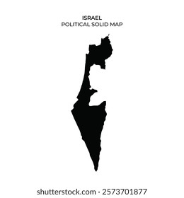 Black silhouette of Israel showing its political boundaries. The map emphasizes the countrys distinct shape without any additional details or color.