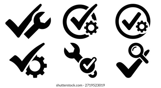 Uma silhueta preta de um conjunto de ícones de verificação de resolução de ocorrências. Elemento gráfico simples.