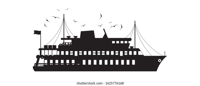 Black Silhouette of Istanbul passenger Ferry boat ship, traditional Turkish steamboat with seagulls isolated on the white backfround.