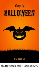 Black silhouette of Jack-o-lantern pumpkin with bat wings on orange background with text. Halloween party invitation, greeting card or wallpaper. Vector EPS10.