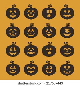 Black Silhouette Jack-O-Lantern Pumpkins with Various Facial Expressions