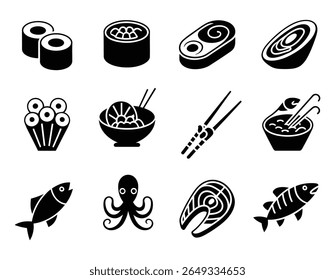 Black silhouette Japanese food icons including sushi, ramen, and chopsticks in vector format.









