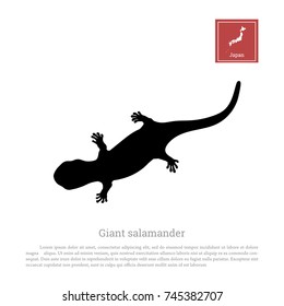 Black silhouette of a japanese giant salamander on white background. Animals of Japan. Vector illustration