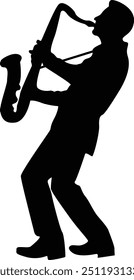 Black Silhouette of Jazz Musician. Isolated Flat Vector Illustration