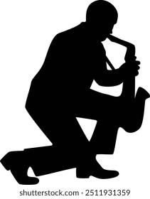 Black Silhouette of Jazz Musician. Isolated Flat Vector Illustration