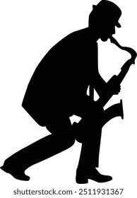 Black Silhouette of Jazz Musician. Isolated Flat Vector Illustration