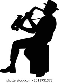 Black Silhouette of Jazz Musician. Isolated Flat Vector Illustration