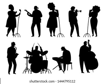 Black silhouette jazz musicians, singer and drummer, pianist and saxophonist. Illustration of musical people, guitarist and drum